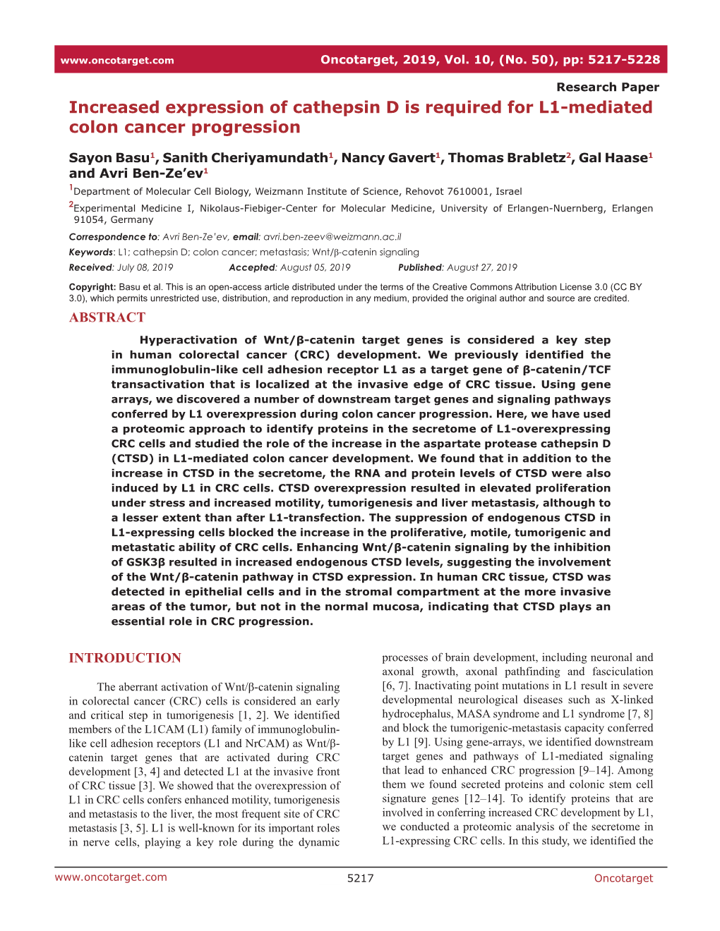 Increased Expression of Cathepsin D Is Required for L1-Mediated Colon Cancer Progression