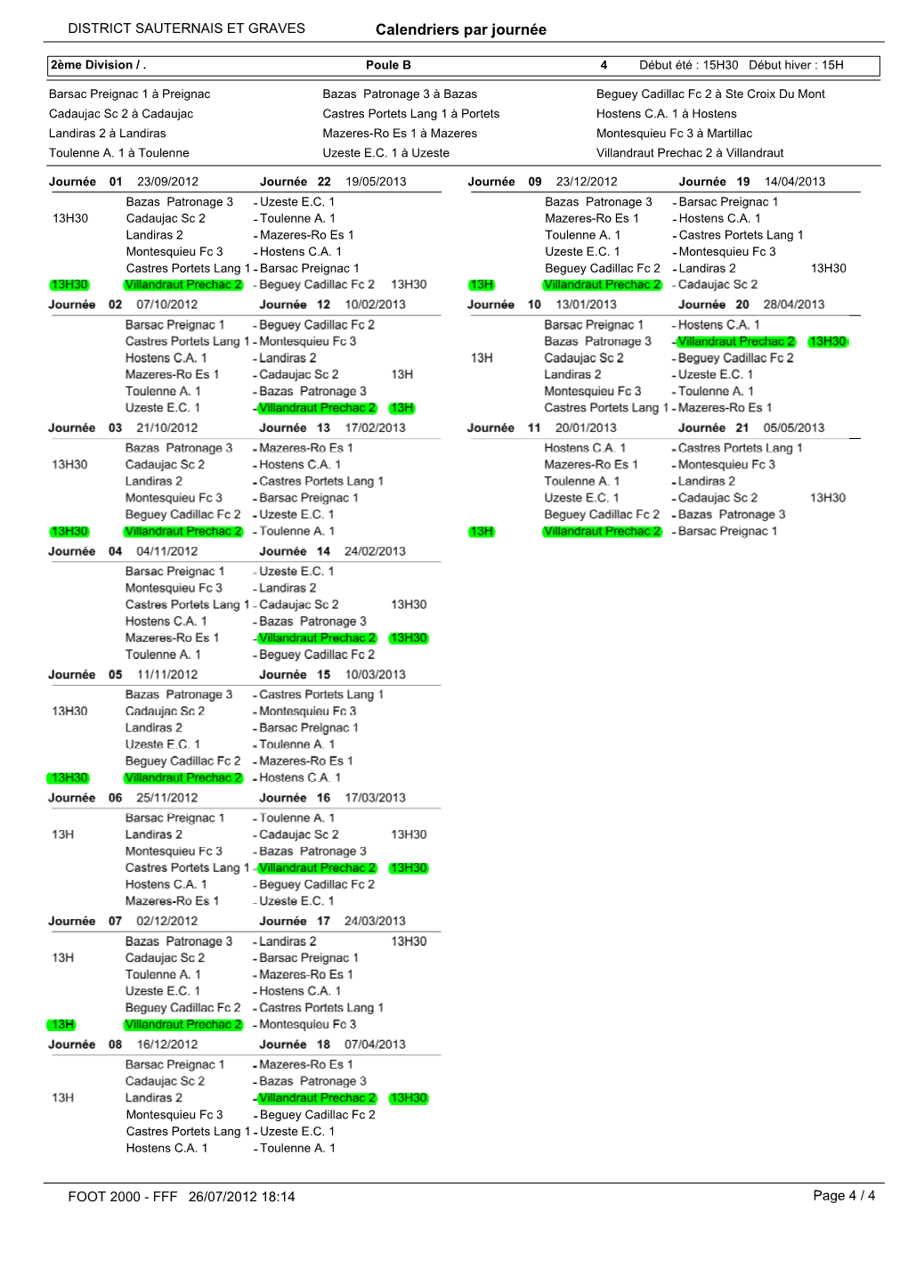 Calendriers Par Journée