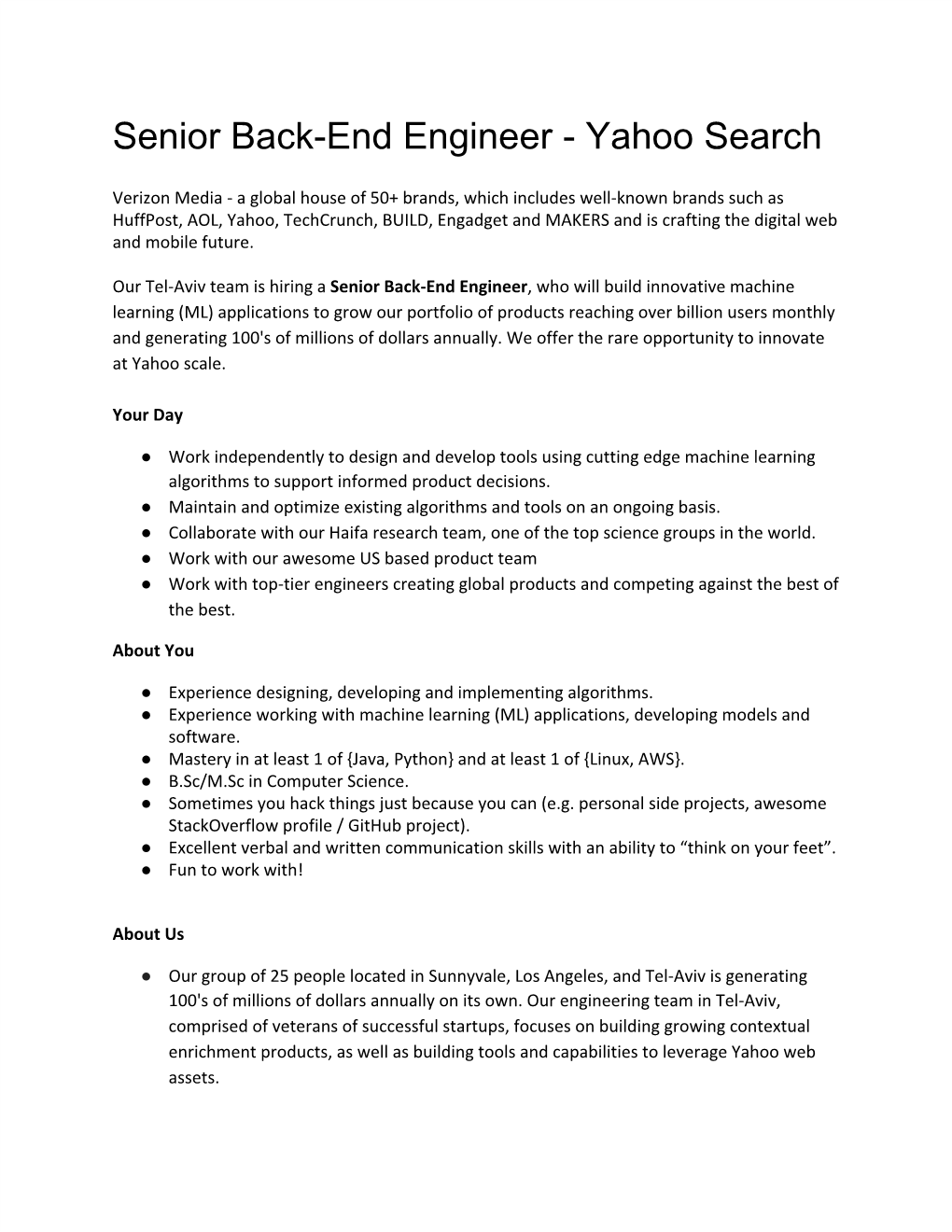 Senior Back-End Engineer - Yahoo Search