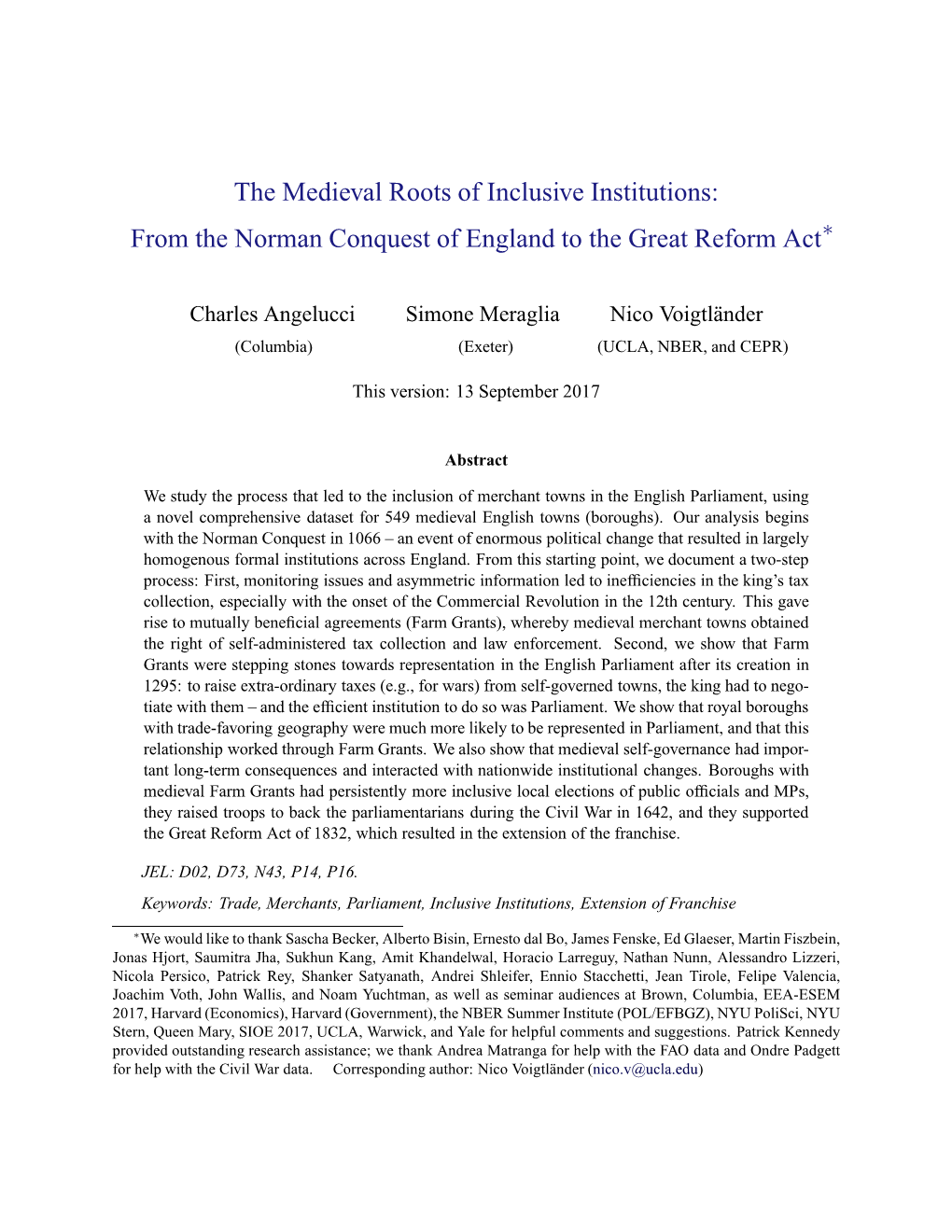 The Medieval Roots of Inclusive Institutions: ∗ from the Norman Conquest of England to the Great Reform Act