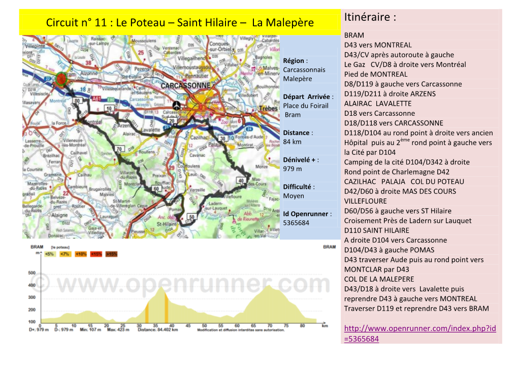 Circuit N° 11 : Le Poteau – Saint Hilaire – La Malepère Itinéraire