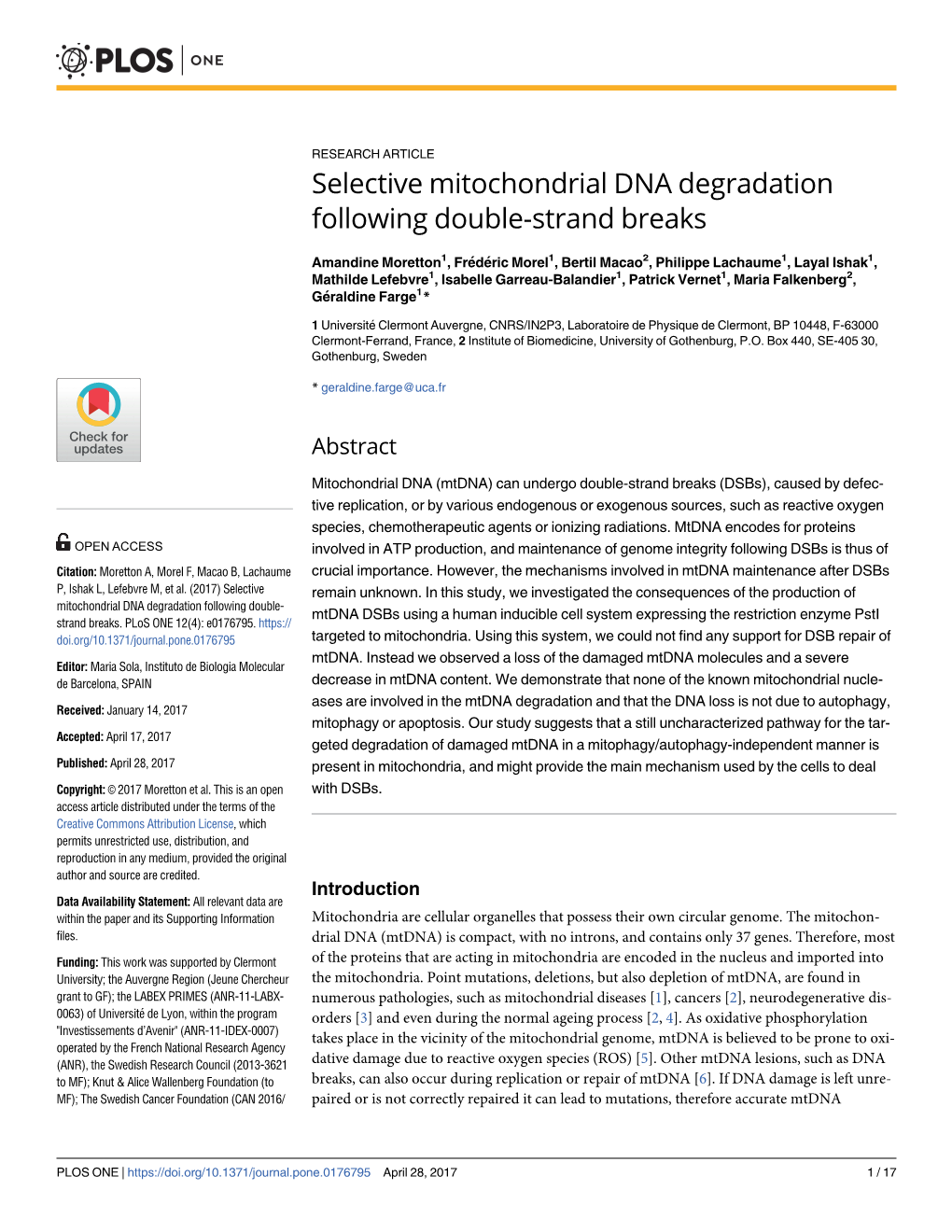 Selective Mitochondrial DNA Degradation Following Double-Strand Breaks