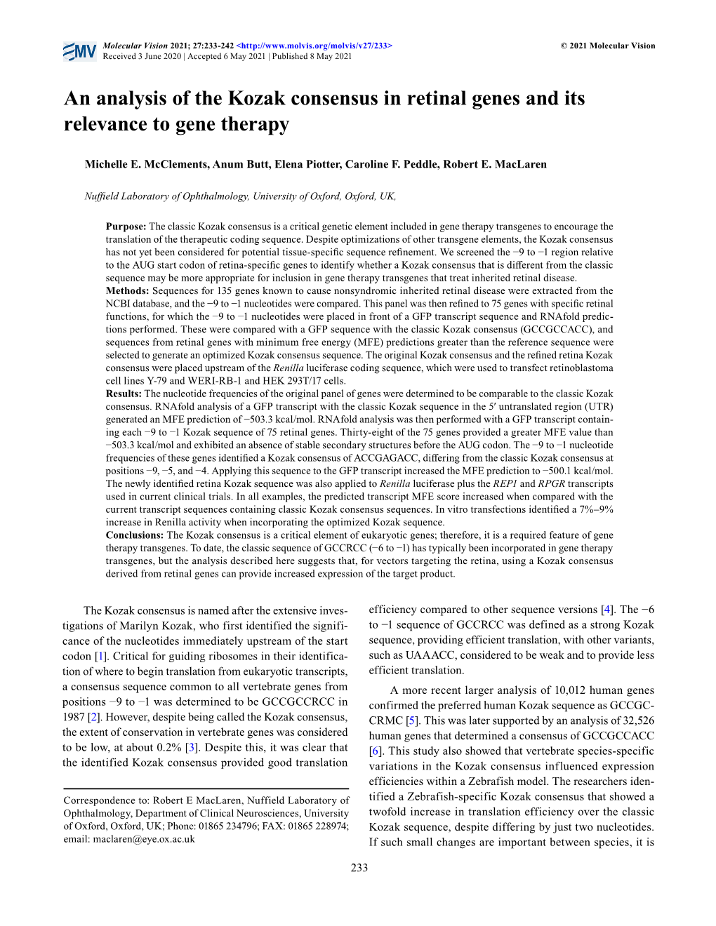 An Analysis of the Kozak Consensus in Retinal Genes and Its Relevance to Gene Therapy