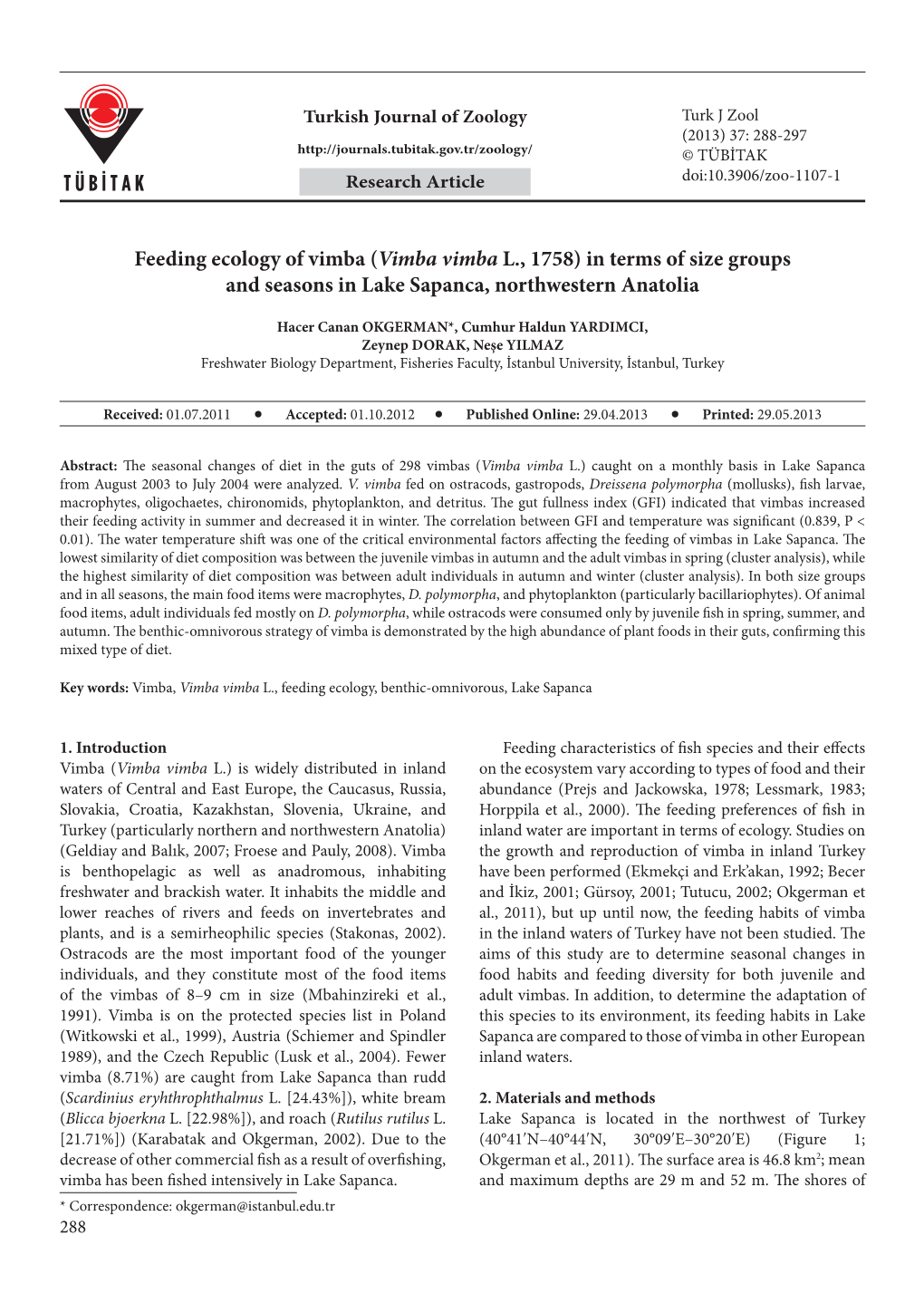 Feeding Ecology of Vimba (Vimba Vimba L., 1758) in Terms of Size Groups and Seasons in Lake Sapanca, Northwestern Anatolia