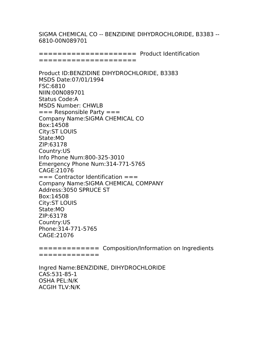 Sigma Chemical Co Benzidine Dihydrochloride, B3383 6810-00N089701