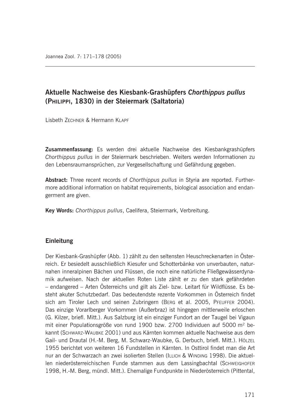 Aktuelle Nachweise Des Kiesbank-Grashüpfers Chorthippus Pullus (PHILIPPI, 1830) in Der Steiermark (Saltatoria)