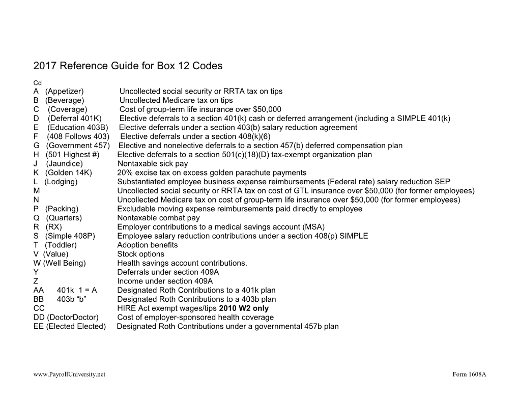 Reference Guide for Box 13 Codes