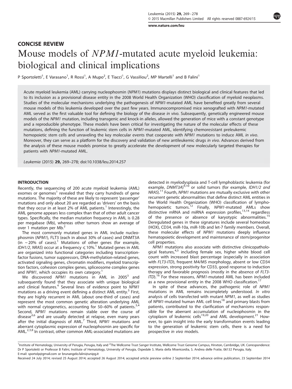 Mouse Models of NPM1-Mutated Acute Myeloid Leukemia: Biological and Clinical Implications