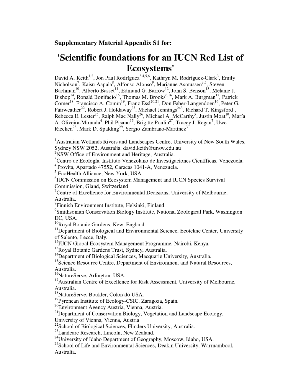Appendix S1 For: 'Scientific Foundations for an IUCN Red List of Ecosystems' David A