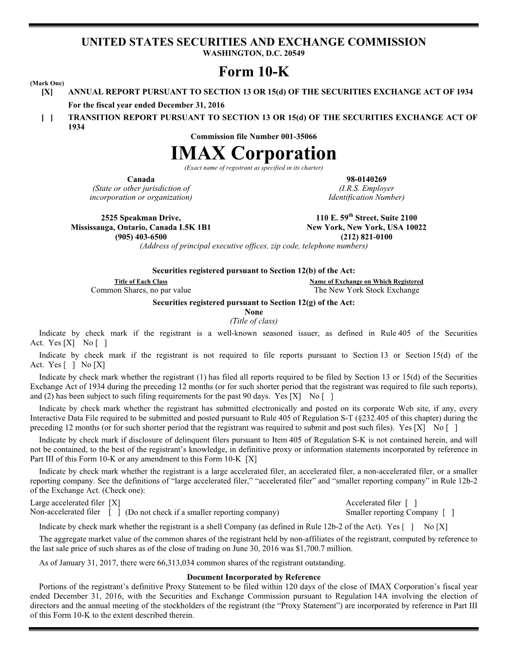 IMAX Corporation (Exact Name of Registrant As Specified in Its Charter)