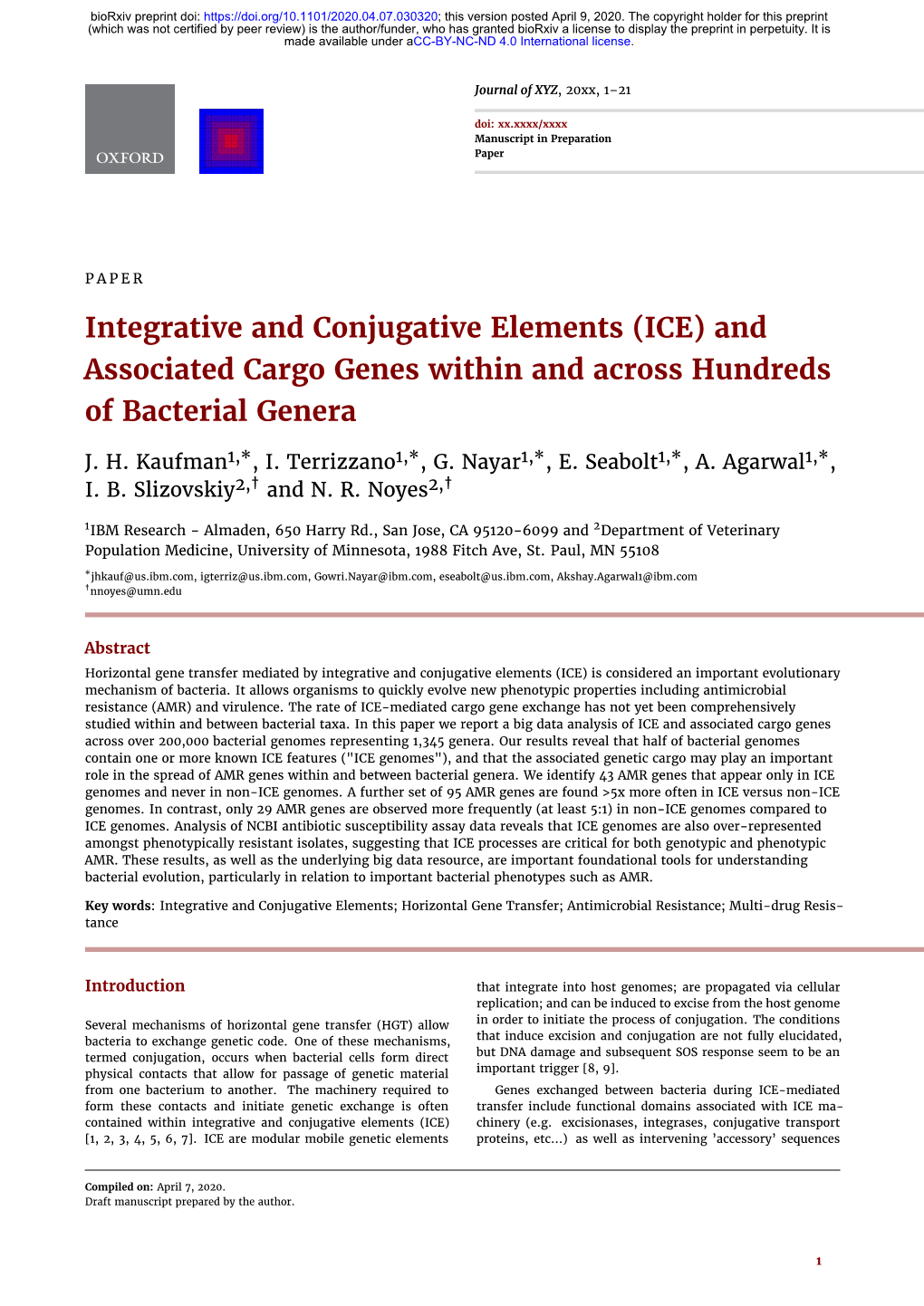 Integrative and Conjugative Elements (ICE) and Associated Cargo Genes Within and Across Hundreds of Bacterial Genera