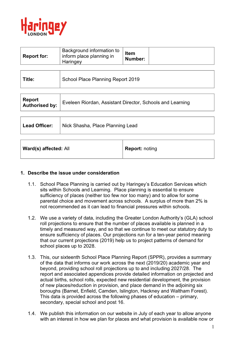 Title: School Place Planning Report 2019