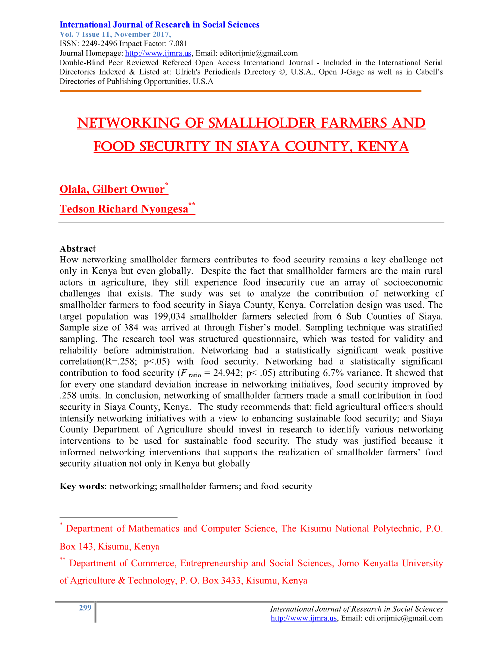 Networking of Smallholder Farmers and Food Security in Siaya County, Kenya
