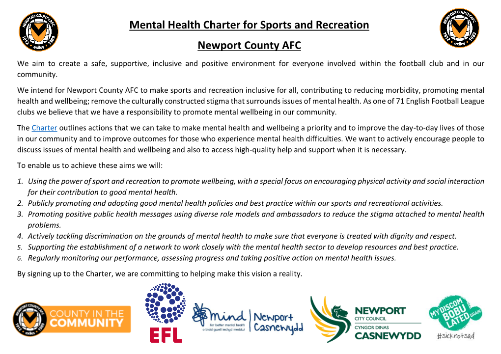 Mental Health Charter for Sports and Recreation Newport County