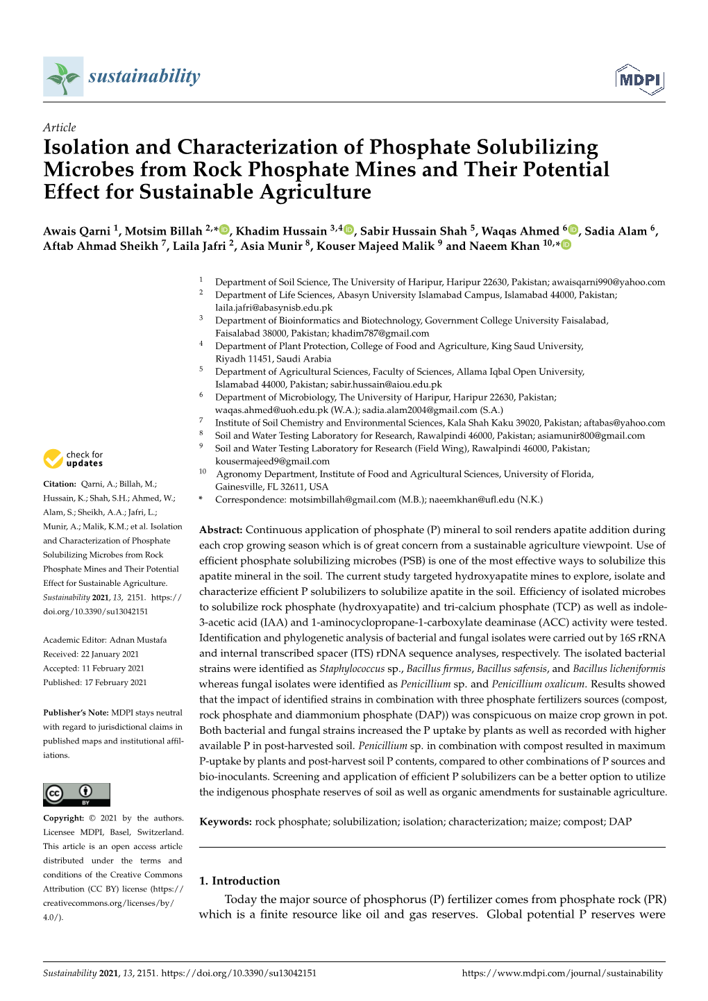 Isolation and Characterization of Phosphate Solubilizing Microbes from Rock Phosphate Mines and Their Potential Effect for Sustainable Agriculture