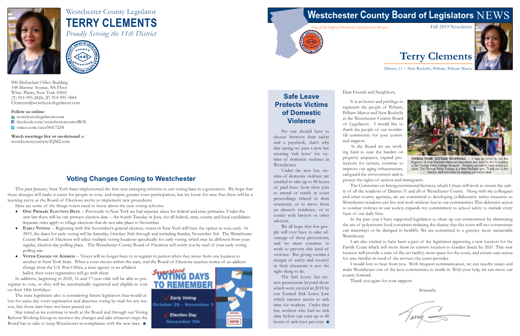 TERRY CLEMENTS Voice of the People of Westchester County for Over 300 Years Fall 2019 Newsletter Proudly Serving the 11Th District