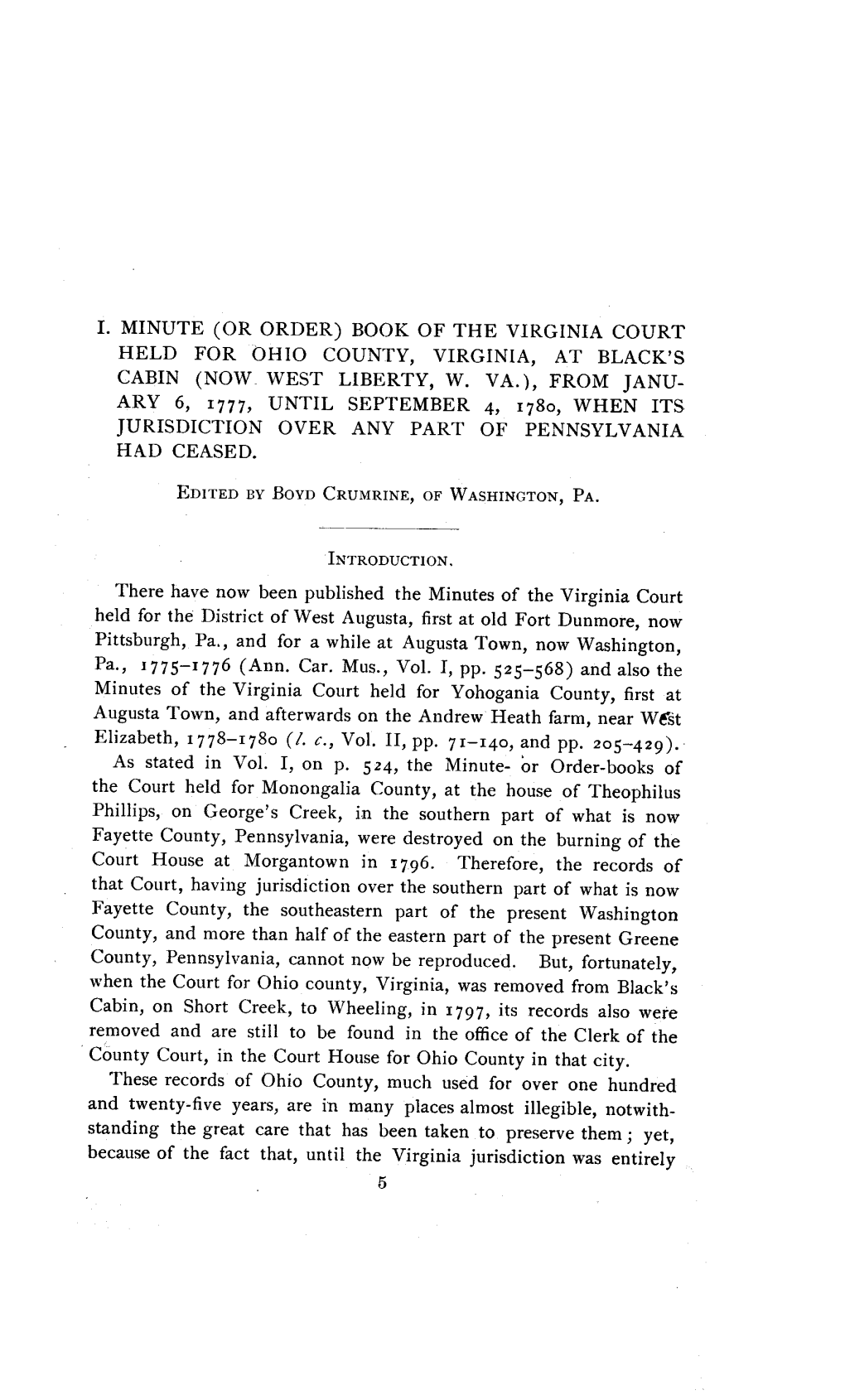 Book of the Virginia Court Held for Ohio County, Virginia, at Black's Cabin (Now West Liberty, W