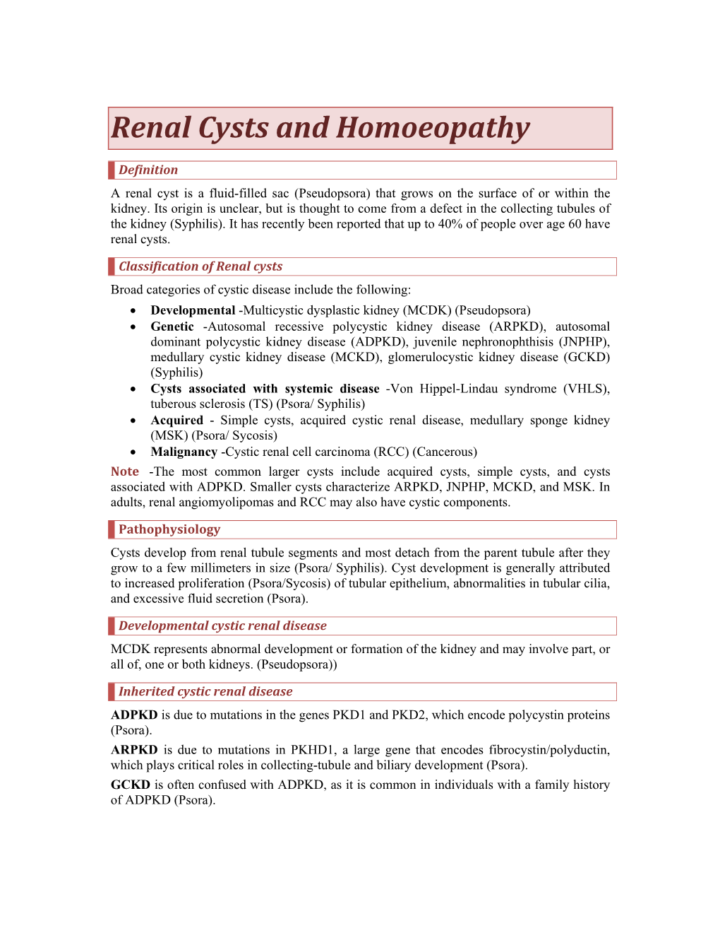 Renal Cysts and Homoeopathy