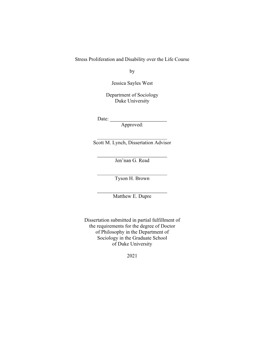 Stress Proliferation and Disability Over the Life Course by Jessica Sayles