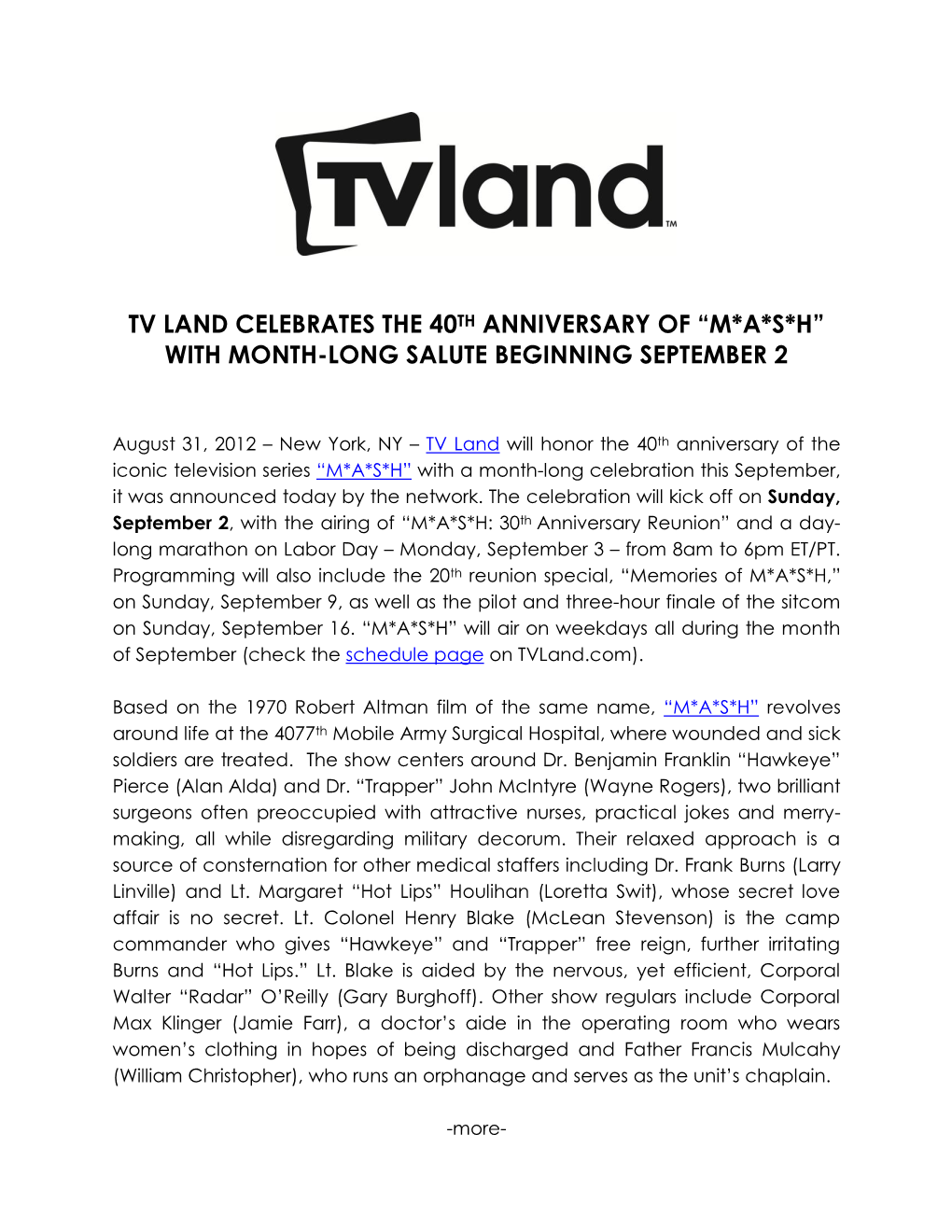 Tv Land Celebrates the 40Th Anniversary of “M*A*S*H” with Month-Long Salute Beginning September 2