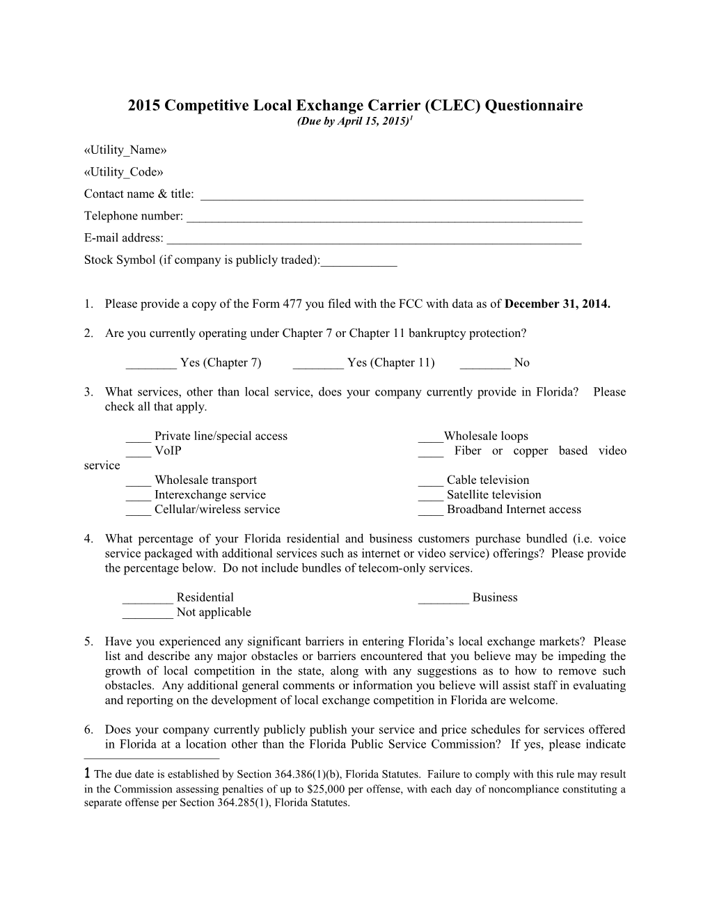 2003 Incumbent Local Exchange Carrier (ILEC) Data Request