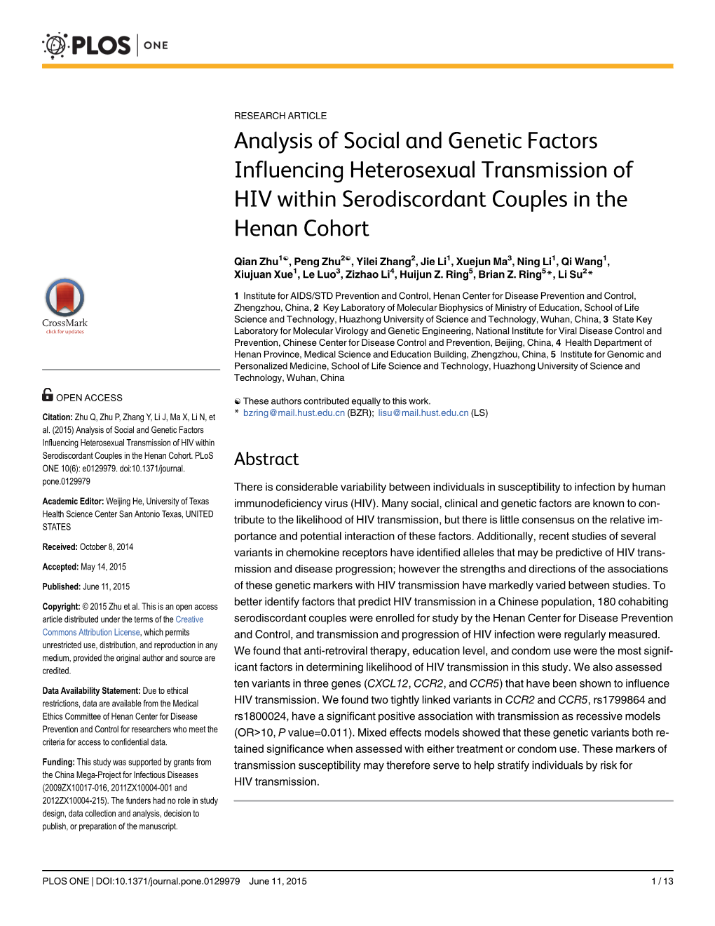 Analysis of Social and Genetic Factors Influencing Heterosexual Transmission of HIV Within Serodiscordant Couples in the Henan Cohort