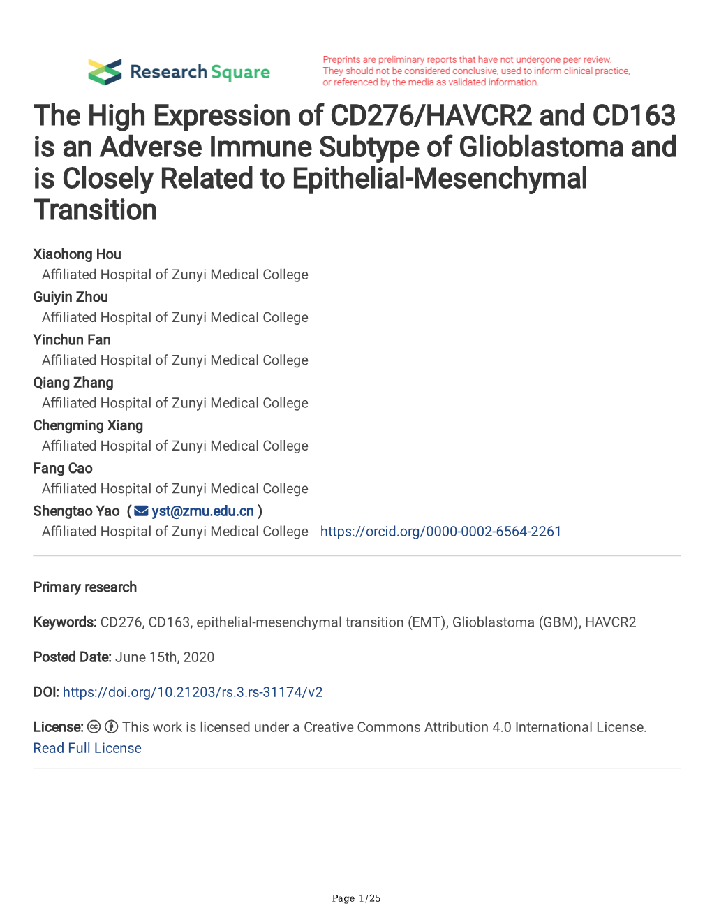 The High Expression of CD276/HAVCR2 and CD163 Is an Adverse Immune Subtype of Glioblastoma and Is Closely Related to Epithelial-Mesenchymal Transition