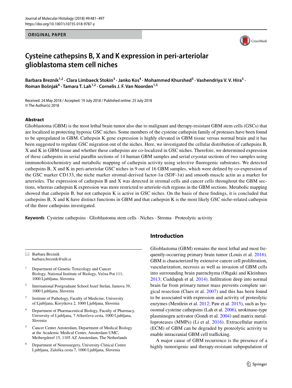 Cysteine Cathepsins B, X and K Expression in Peri-Arteriolar Glioblastoma Stem Cell Niches