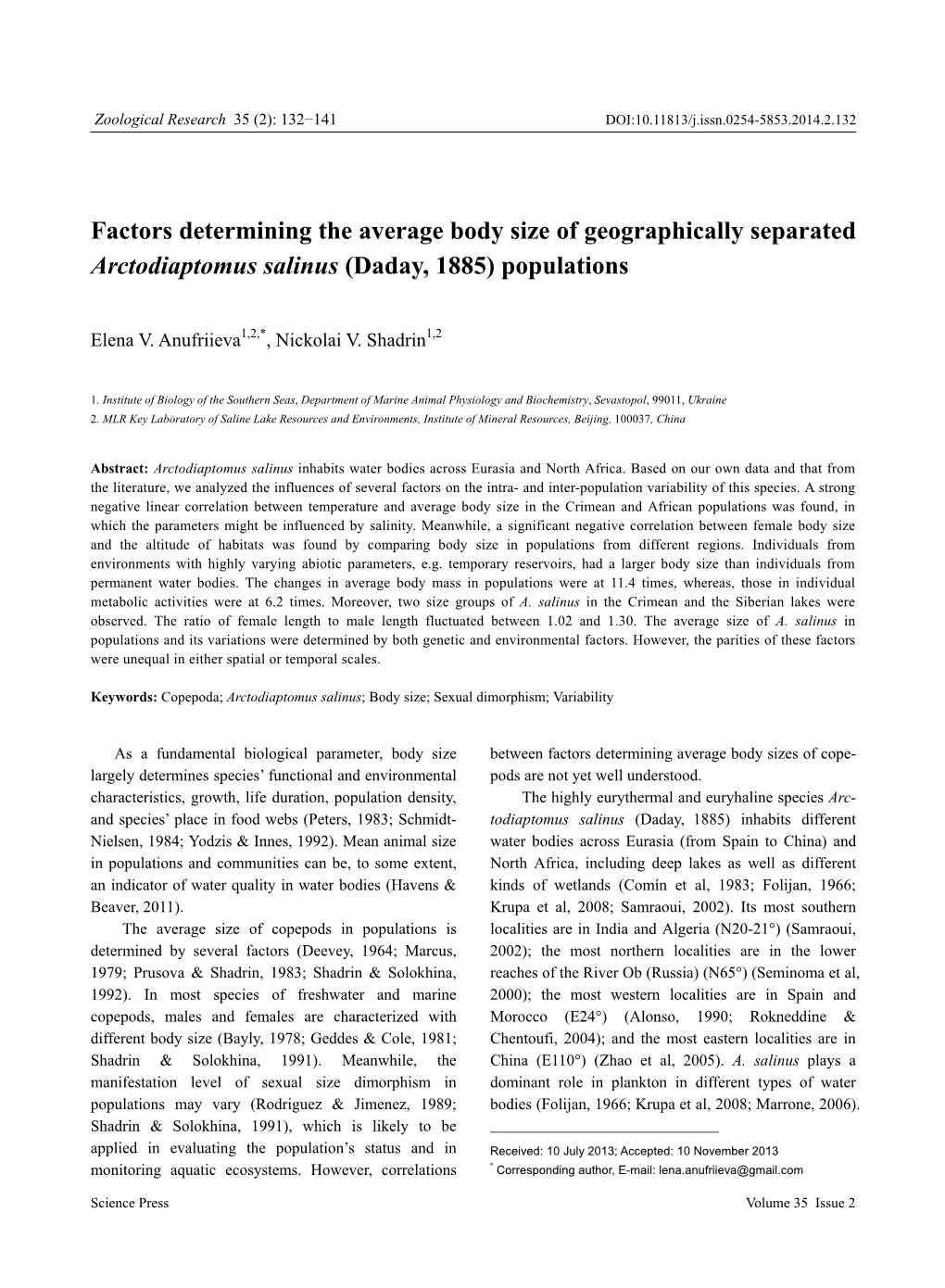 Factors Determining the Average Body Size of Geographically Separated Arctodiaptomus Salinus (Daday, 1885) Populations