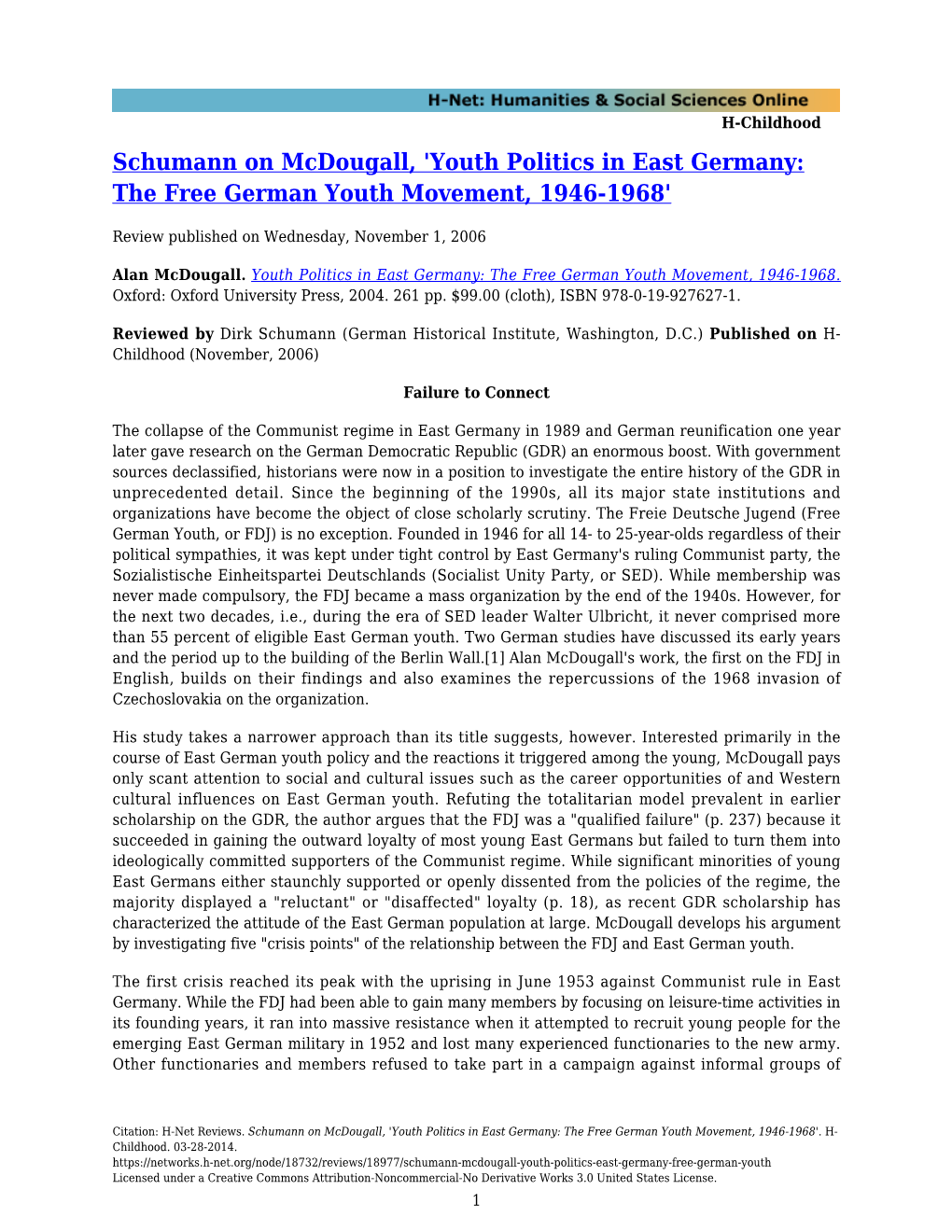 Youth Politics in East Germany: the Free German Youth Movement, 1946-1968'