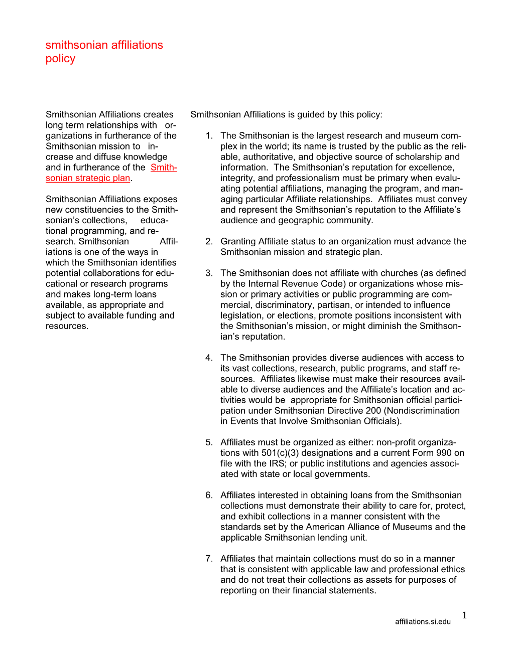 Smithsonian Affiliations Policy