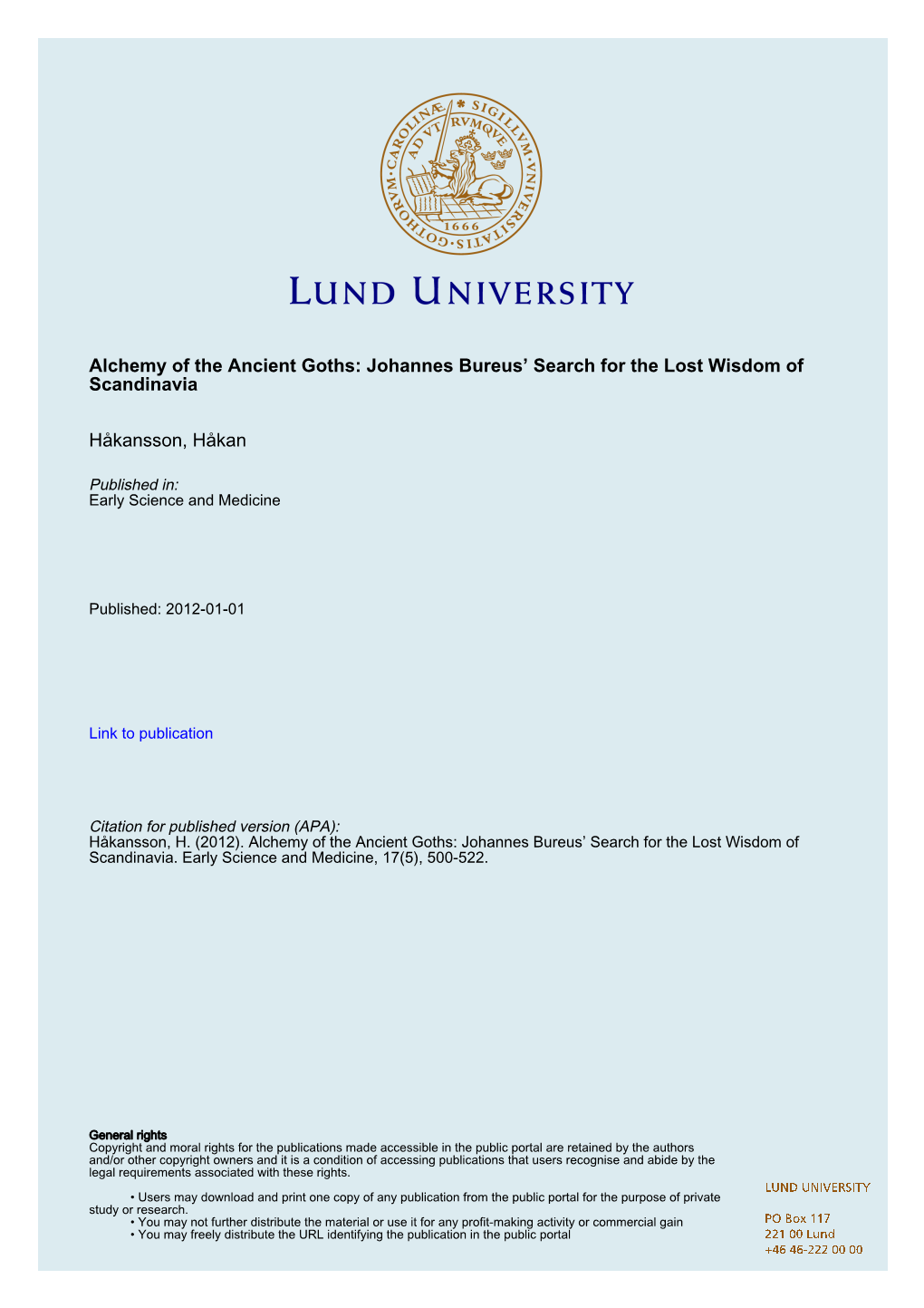 Alchemy of the Ancient Goths: Johannes Bureus’ Search for the Lost Wisdom of Scandinavia