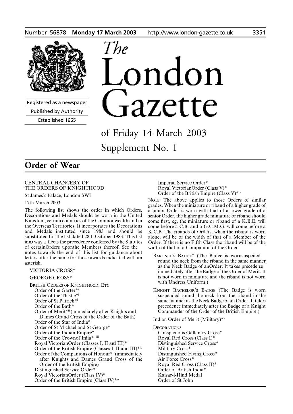 Of Friday 14 March 2003 Supplement No. 1 Order of Wear