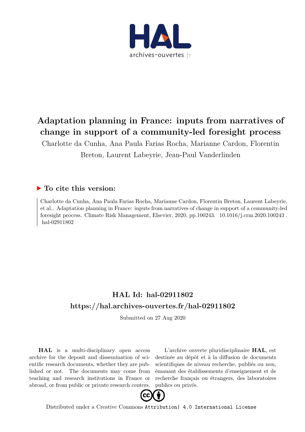 Adaptation Planning in France: Inputs from Narratives of Change in Support