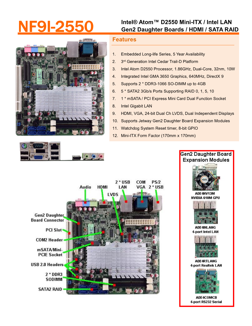 NF9I-2550 Gen2 Daughter Boards / HDMI / SATA RAID Features