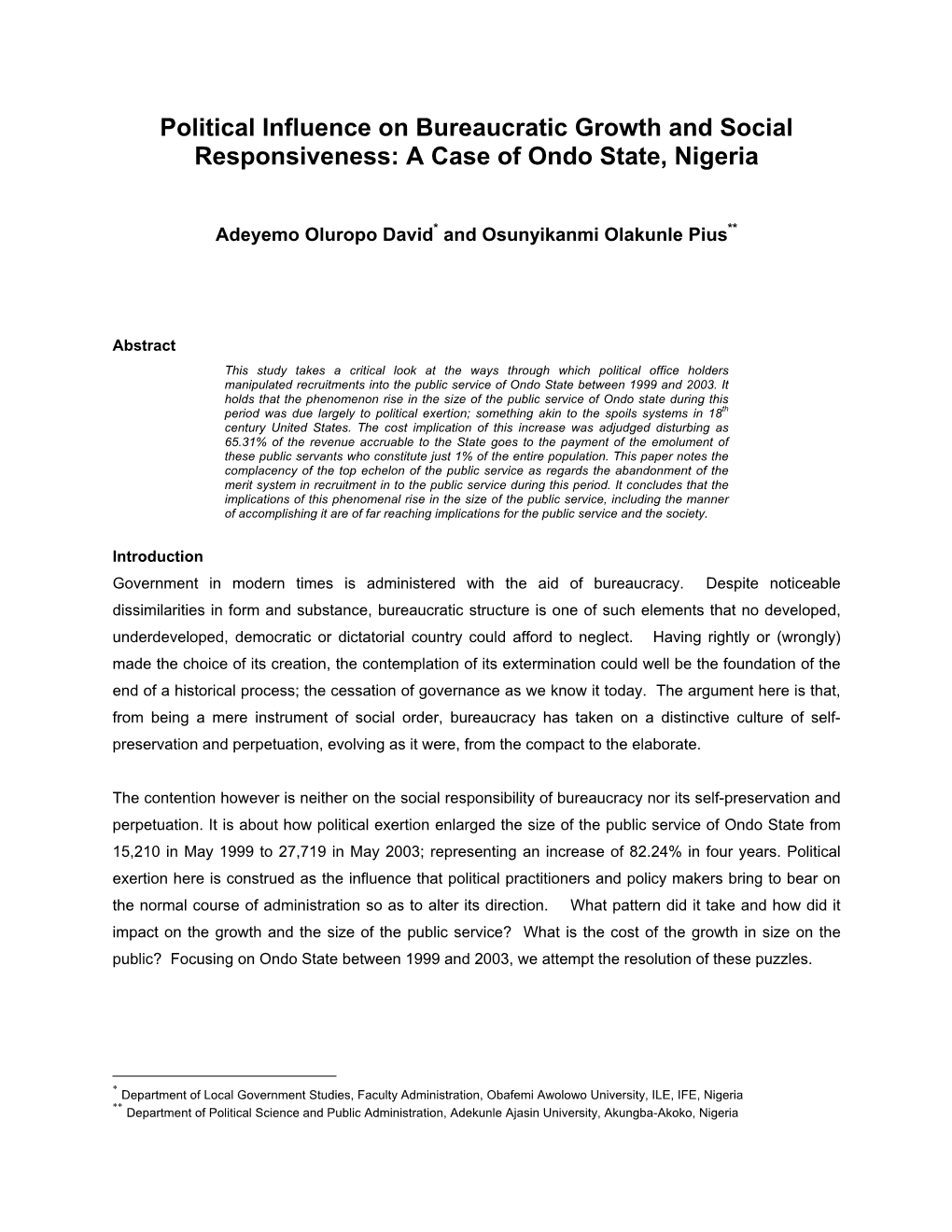 Political Influence on Bureaucratic Growth and Social Responsiveness: a Case of Ondo State, Nigeria