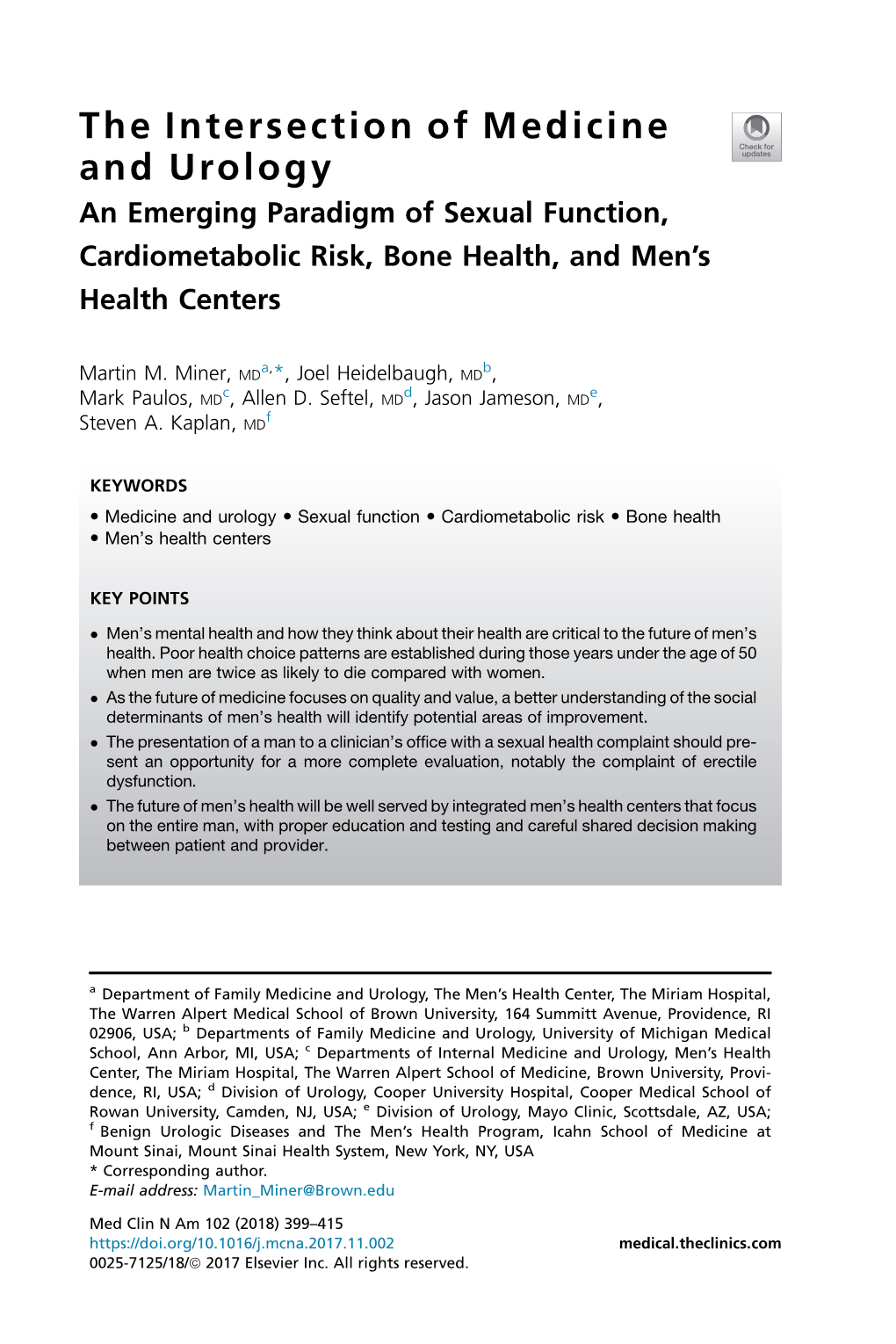 The Intersection of Medicine and Urology an Emerging Paradigm of Sexual Function, Cardiometabolic Risk, Bone Health, and Men’S Health Centers