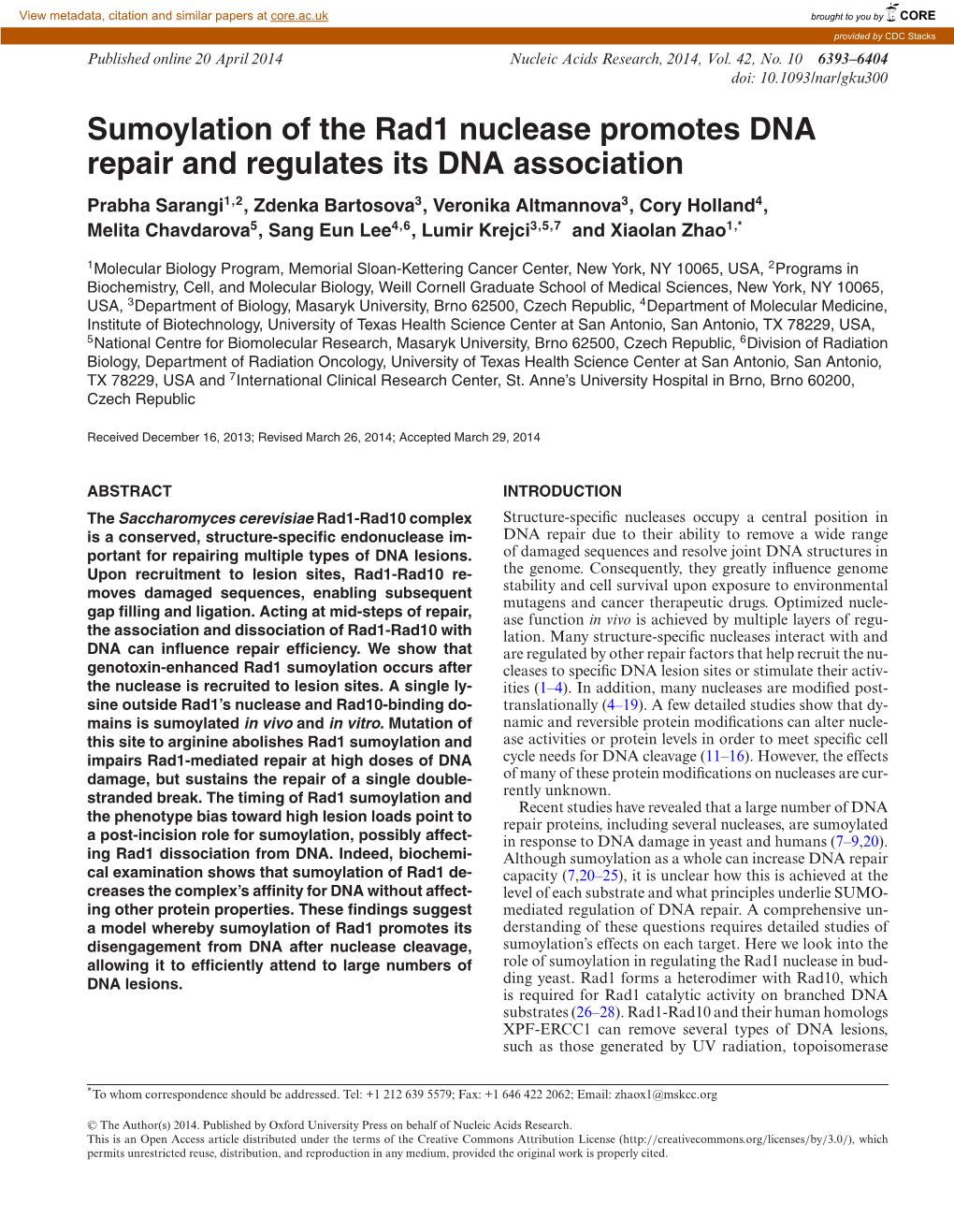 Sumoylation of the Rad1 Nuclease Promotes DNA Repair and Regulates