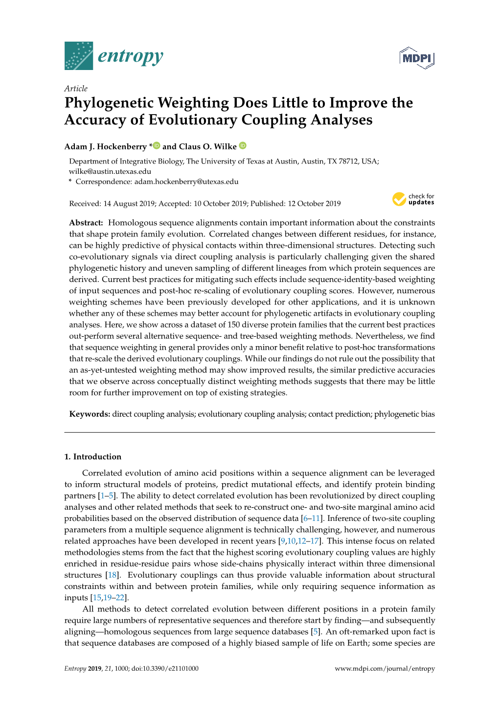 Phylogenetic Weighting Does Little to Improve the Accuracy of Evolutionary Coupling Analyses