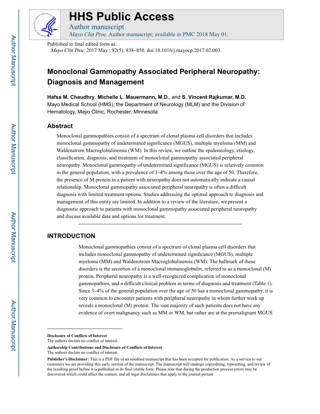 Monoclonal Gammopathy Associated Peripheral Neuropathy: Diagnosis and Management