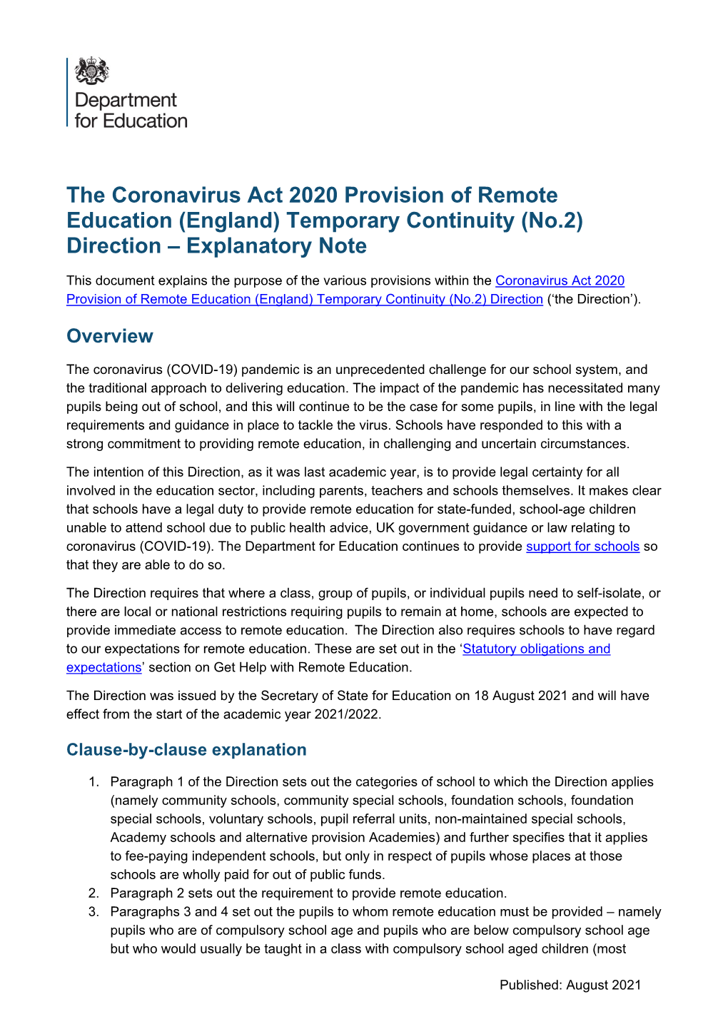 The Coronavirus Act 2020 Provision of Remote Education (England) Temporary Continuity (No.2) Direction – Explanatory Note