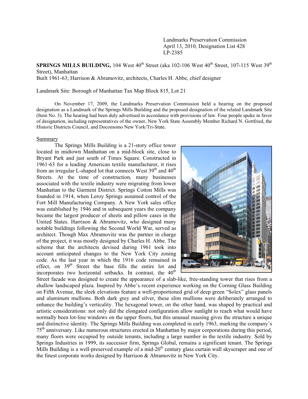 Landmarks Preservation Commission April 13, 2010, Designation List 428 LP-2385