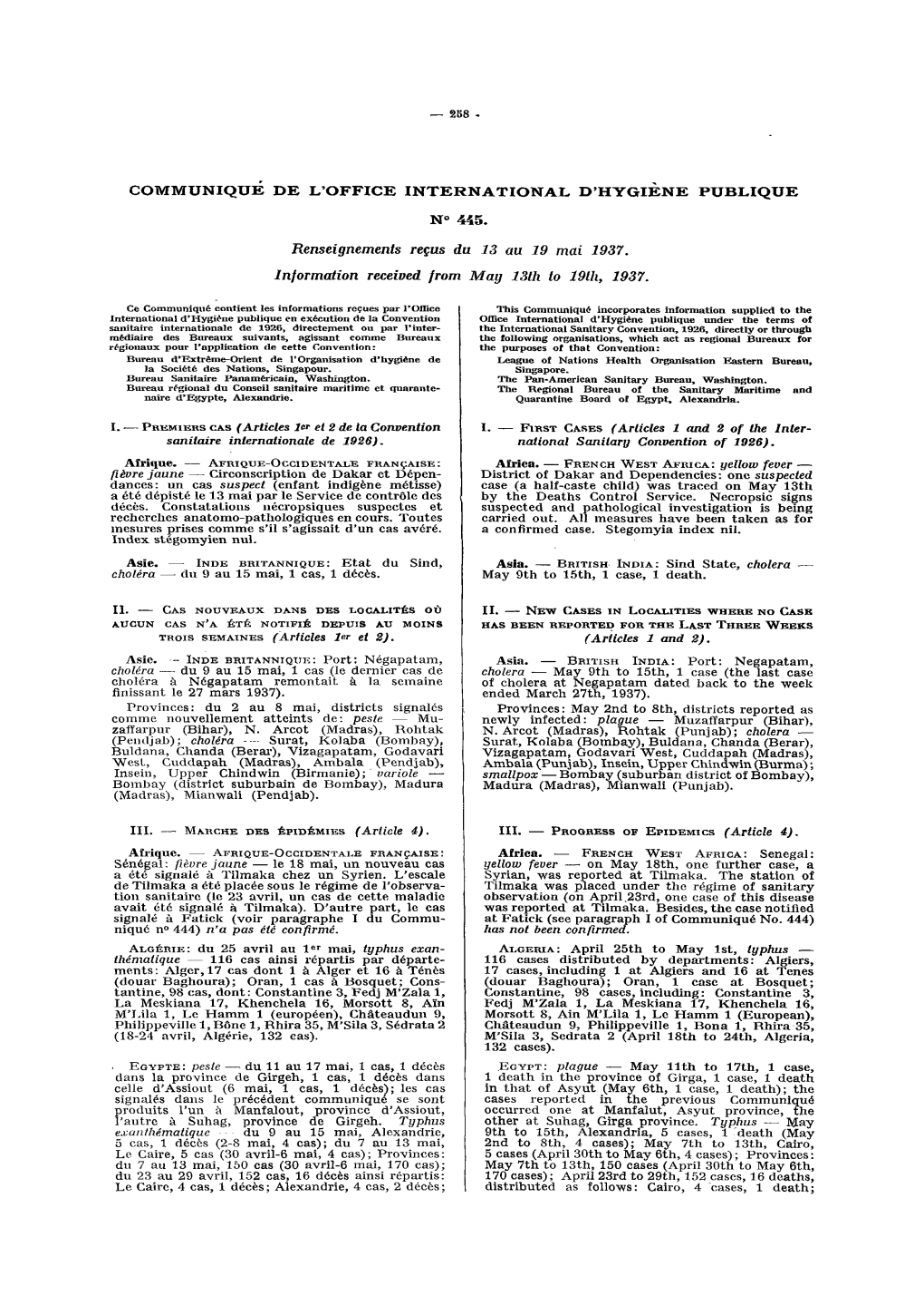 Renseignements Reçus Du 13 Au 19 Mai 1937. Information Received from M Ag 13Th to 19Th, 1937