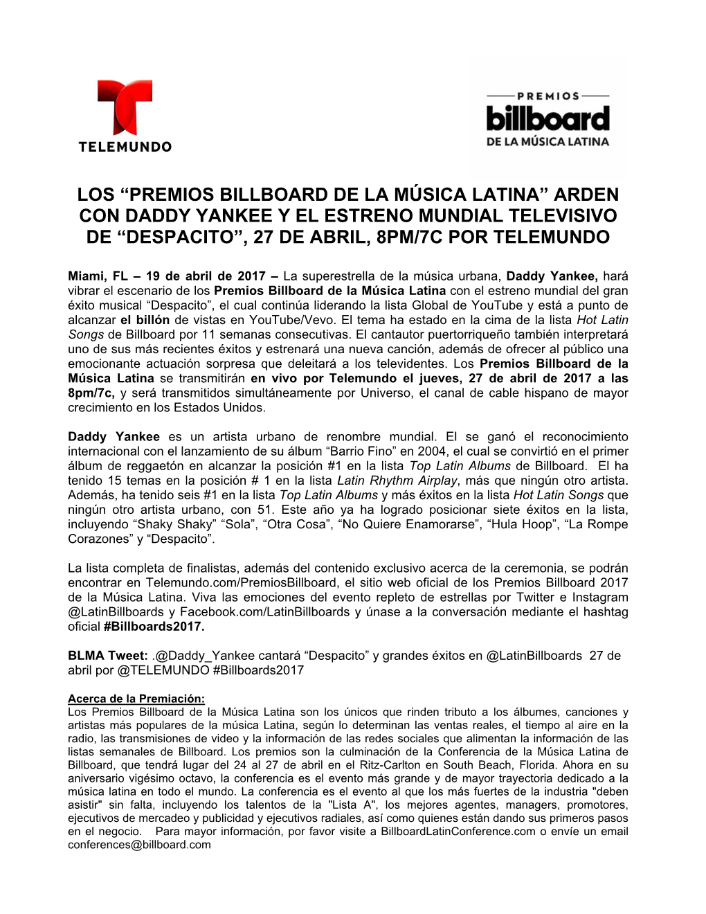 Los “Premios Billboard De La Música Latina” Arden Con Daddy Yankee Y El Estreno Mundial Televisivo De “Despacito”, 27 De Abril, 8Pm/7C Por Telemundo