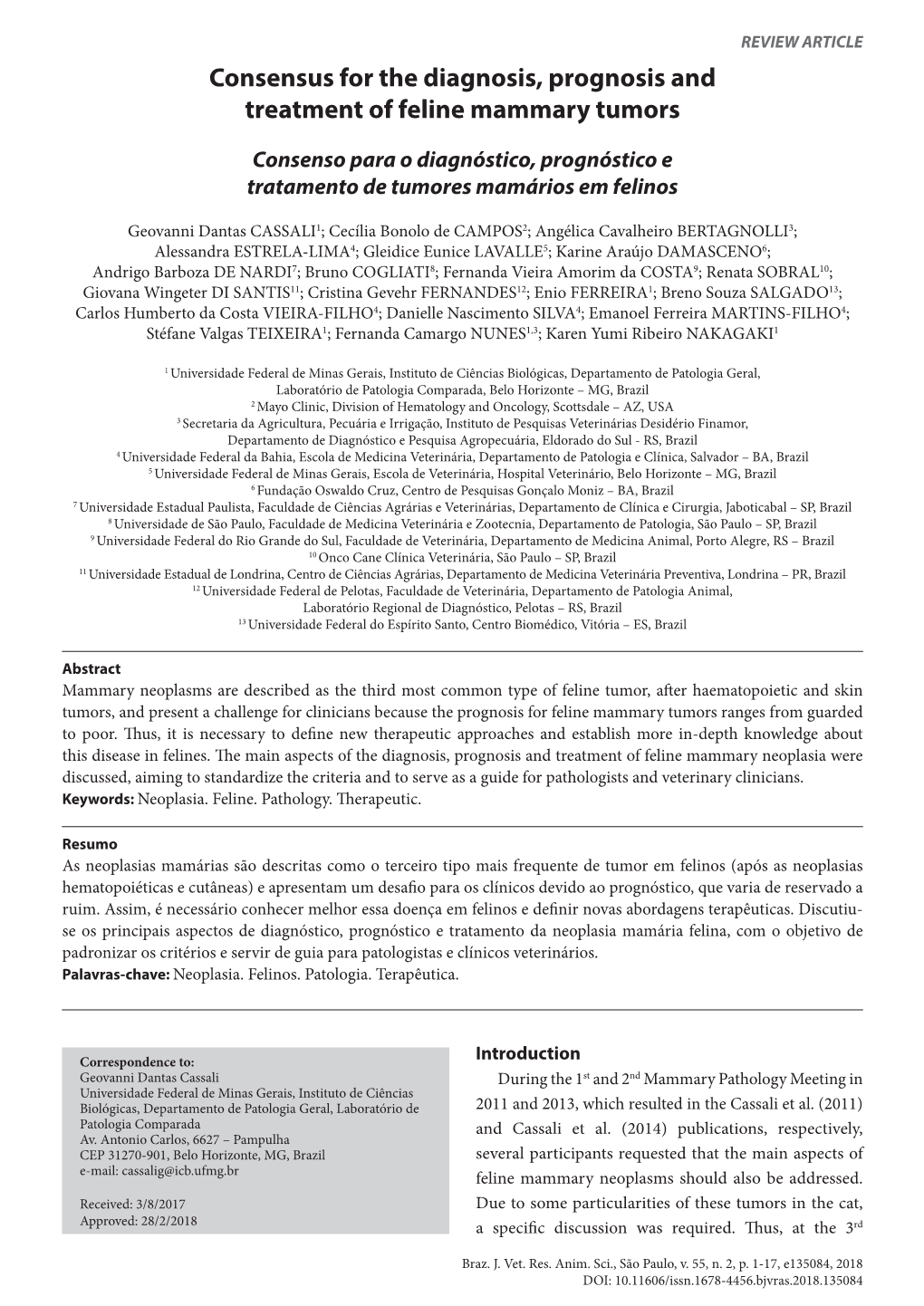 Consensus for the Diagnosis, Prognosis and Treatment of Feline Mammary Tumors