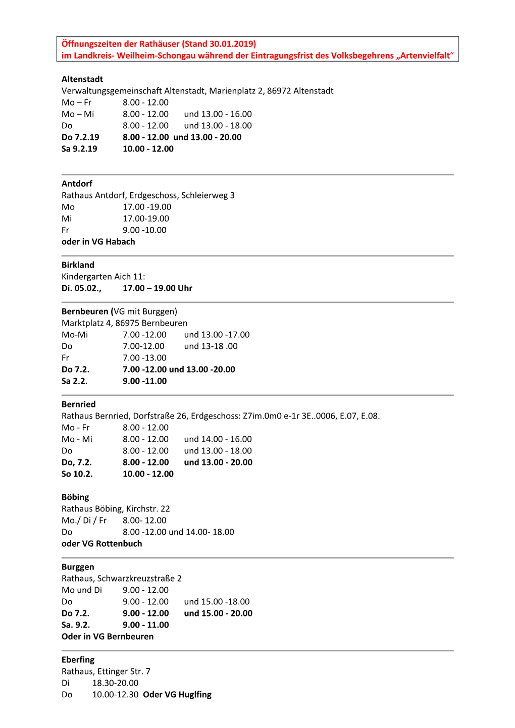 Öffnungszeiten Der Rathäuser (Stand 30.01.2019) Im Landkreis- Weilheim-Schongau Während Der Eintragungsfrist Des Volksbegehrens „Artenvielfalt“