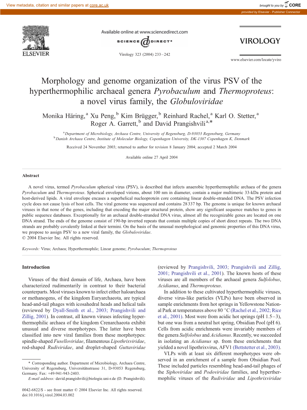 Morphology and Genome Organization of the Virus PSV of the Hyperthermophilic Archaeal Genera Pyrobaculum and Thermoproteus: a Novel Virus Family, the Globuloviridae