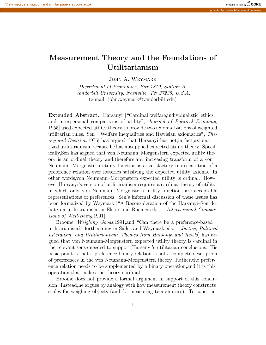 Measurement Theory and the Foundations of Utilitarianism John A