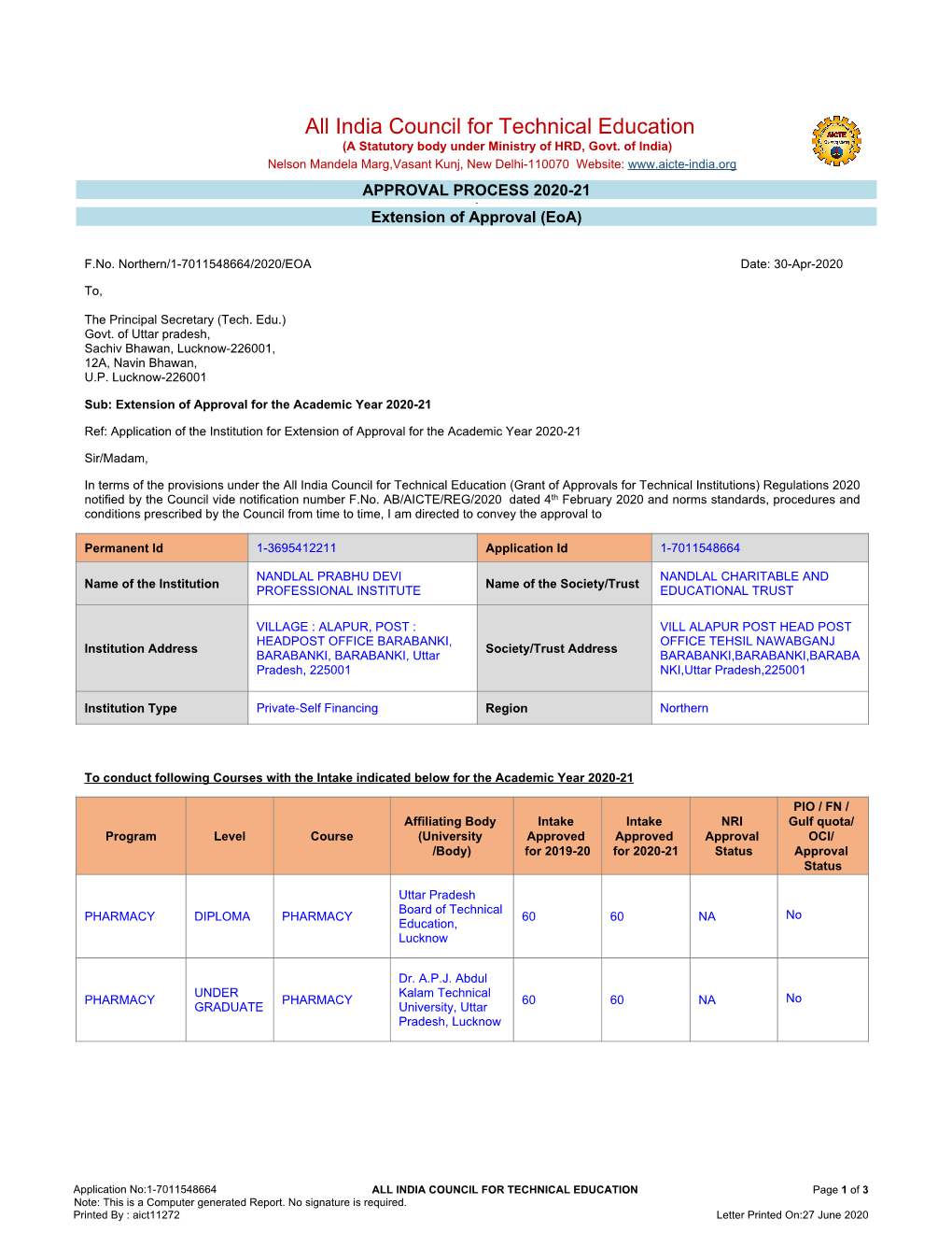 Aicte-India.Org APPROVAL PROCESS 2020-21 - Extension of Approval (Eoa)