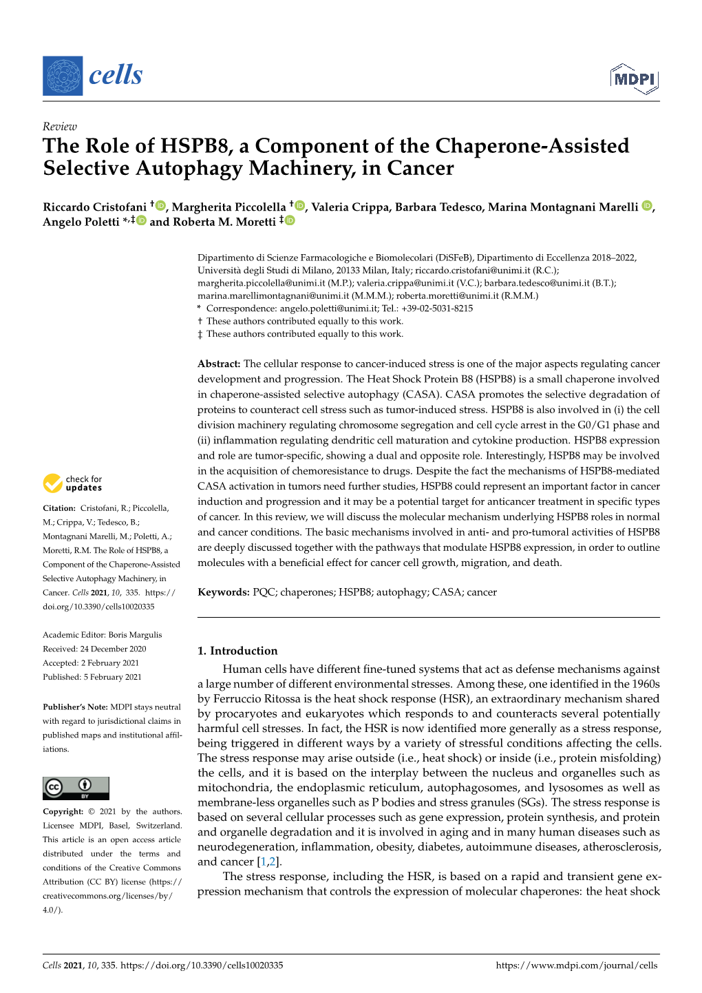 The Role of HSPB8, a Component of the Chaperone-Assisted Selective Autophagy Machinery, in Cancer